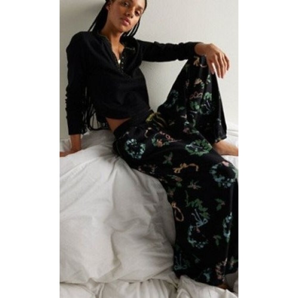 Free People Intimately Holibabe PJ Cropped Top Embroidered Black Cotton S 286741